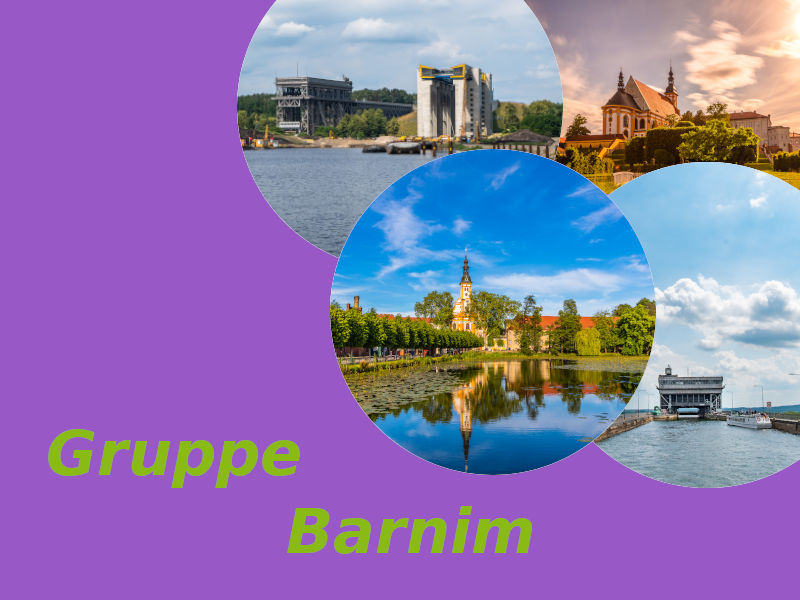 Collage mit vier kreisförmigen Fotos aus der Region Barnim: zu sehen sind das Schiffshebewerk Niederfinow, eine historische Kirche, eine idyllische Stadtansicht mit Wasser und Spiegelung sowie eine Schleusenanlage unter blauem Himmel. Im Vordergrund steht der Schriftzug „Gruppe Barnim“ auf lilafarbenem Hintergrund in grünlicher Schrift.