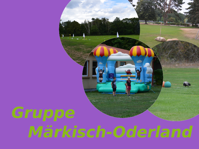 Bildbeschreibung: Eine Gruppe von Kindern steht vor einer bunten Hüpfburg mit Luftballons. Im Hintergrund sind Wiesen und ein Bereich mit Zelt-ähnlichen Strukturen zu sehen. Der Text „Gruppe Märkisch-Oderland“ ist in leuchtenden Buchstaben platziert.