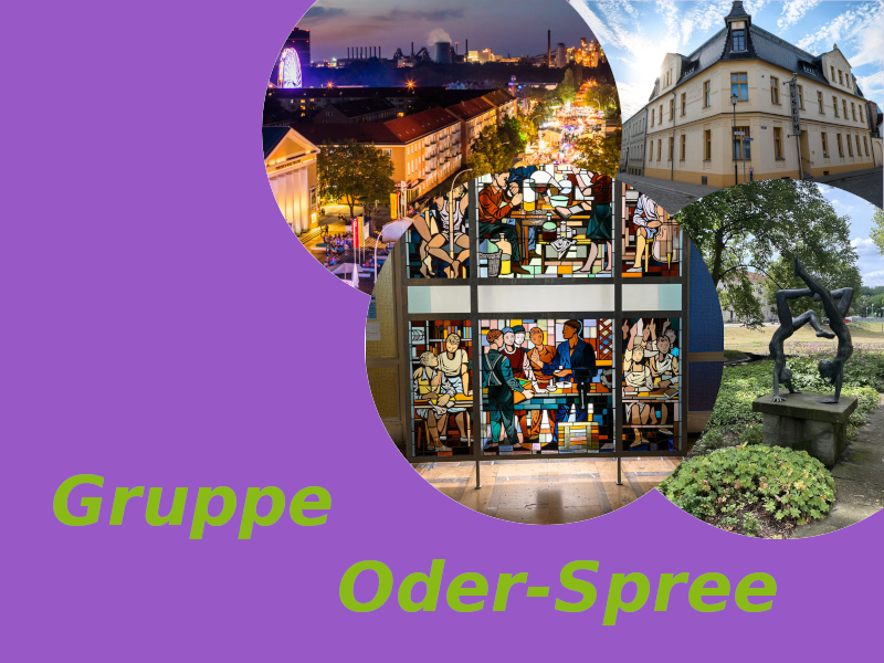 Das Bild zeigt verschiedene Ansichten der Region Oder-Spree, inklusive einer belebten Stadtansicht bei Nacht, einem Kunstwerk aus farbigem Glas mit Menschen, einem historischen Gebäude und einer Skulptur im Freien. Der Hintergrund ist in lila gehalten, mit dem Text "Gruppe Oder-Spree".