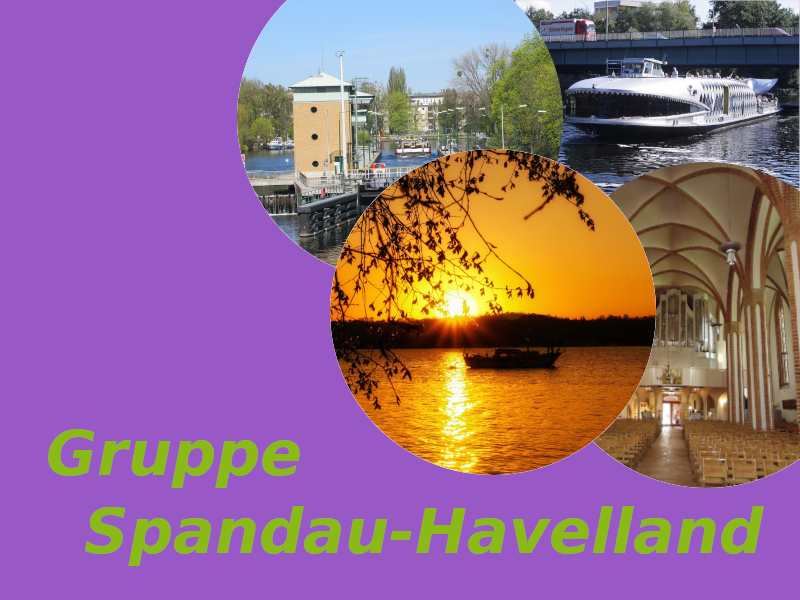 Eine grafische Darstellung zeigt Fotos, die die Gruppe Spandau-Havelland repräsentiert. Zu sehen sind Szenen eines Wasserwegs, ein Sonnenuntergang über dem Wasser und das Innere einer Kirche. Der Hintergrund ist lila, und der Text hebt den Gruppennamen hervor.