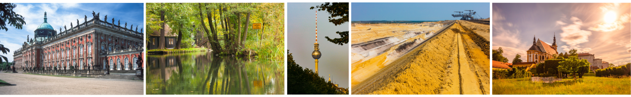 Die Montage zeigt fünf verschiedene Landschaften: ein prächtiges Schloss, einen ruhig reflektierenden See mit Bäumen, einen Fernsehturm in einer urbanen Umgebung, eine Sandgrube und ein historisches Gebäude in einer grünen Umgebung mit Garten. Die Bilder repräsentieren unterschiedliche Aspekte der Natur und Architektur.